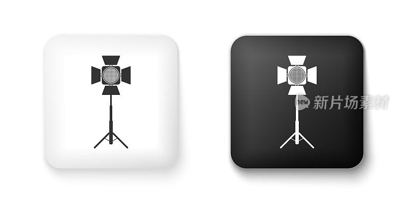 Black and white Movie spotlight icon isolated on white background. Light Effect. Scene, Studio, Show. Square button. Vector